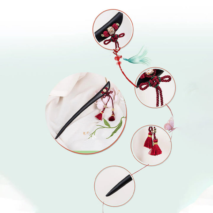 Buddha Stones Ebony Red String Chinese Knot Tassel Protection Hairpin - image 5