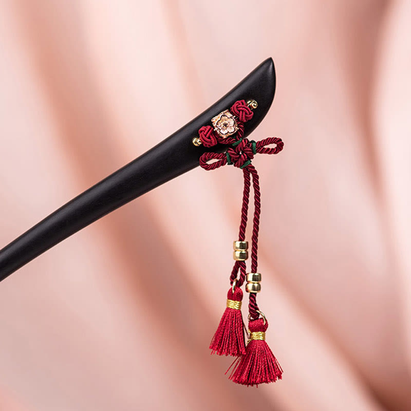 Buddha Stones Ebony Red String Chinese Knot Tassel Protection Hairpin - image 11