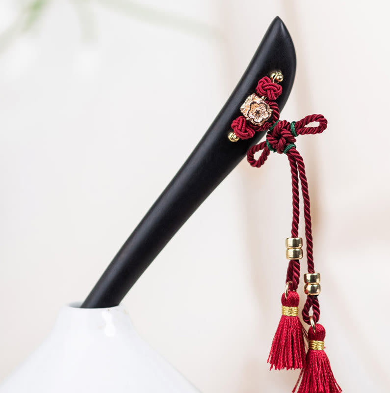 Buddha Stones Ebony Red String Chinese Knot Tassel Protection Hairpin - image 3