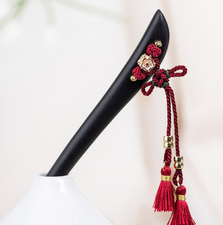Buddha Stones Ebony Red String Chinese Knot Tassel Protection Hairpin - image 3
