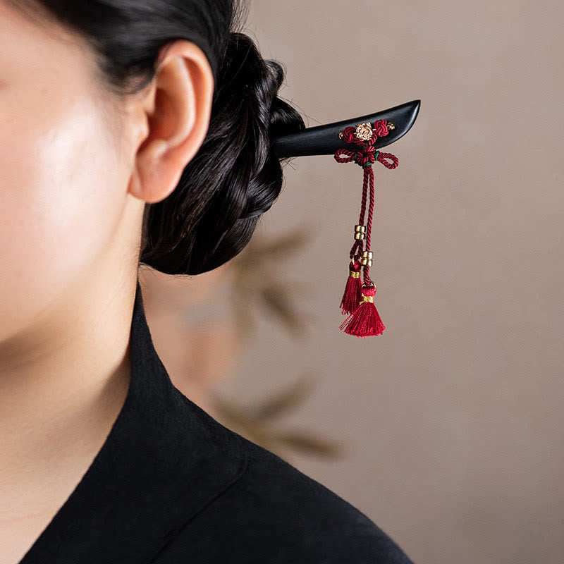 Buddha Stones Ebony Red String Chinese Knot Tassel Protection Hairpin - Ebony Hairpin - image 0