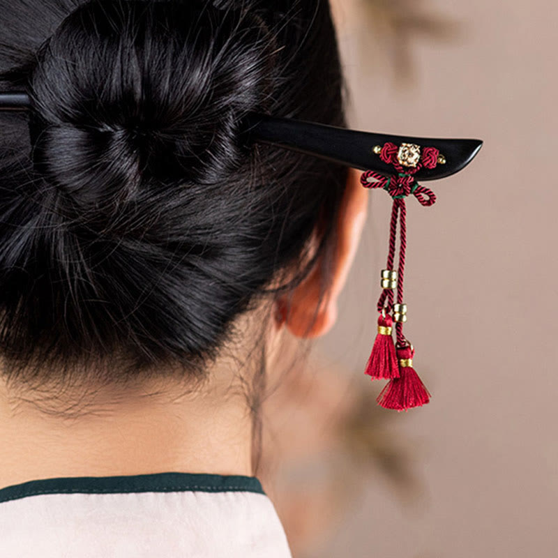 Buddha Stones Ebony Red String Chinese Knot Tassel Protection Hairpin - image 10
