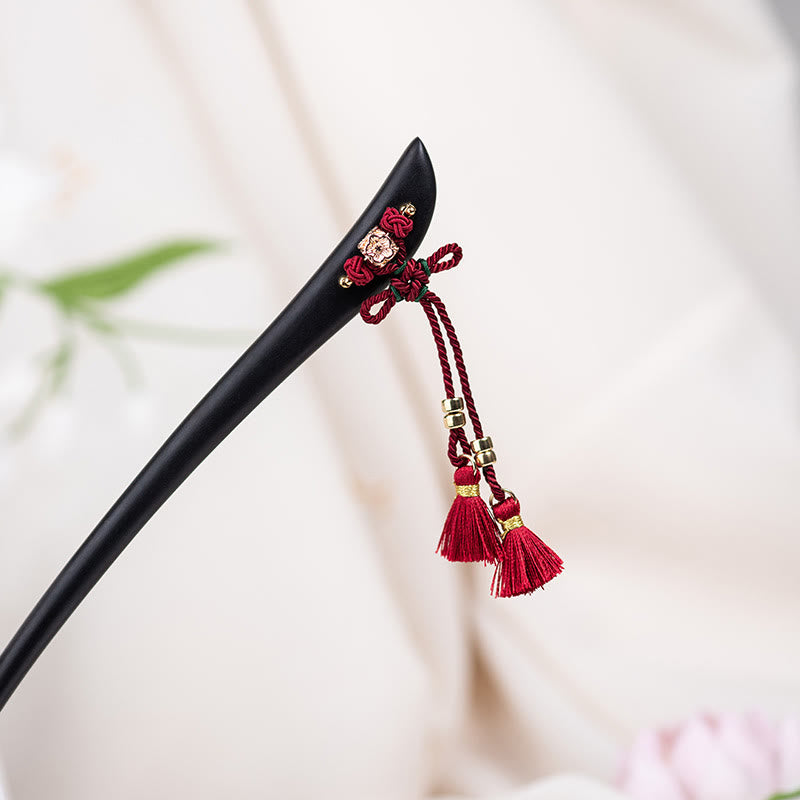 Buddha Stones Ebony Red String Chinese Knot Tassel Protection Hairpin - image 2
