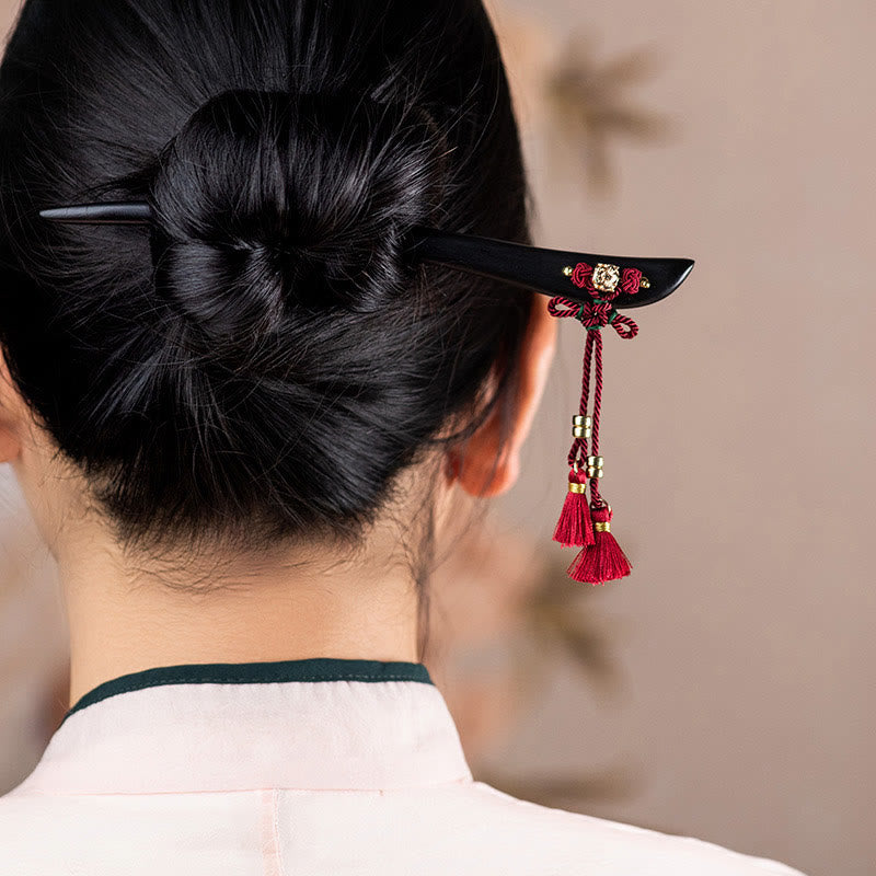 Buddha Stones Ebony Red String Chinese Knot Tassel Protection Hairpin - image 4