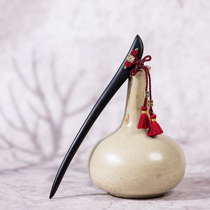 Buddha Stones Ebony Red String Chinese Knot Tassel Protection Hairpin - image 1