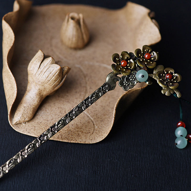 Buddha Stones Green Aventurine Red Agate Alloy Flowers Soothing Hairpin - image 2