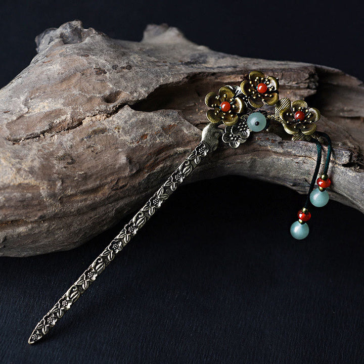 Buddha Stones Green Aventurine Red Agate Alloy Flowers Soothing Hairpin - image 1