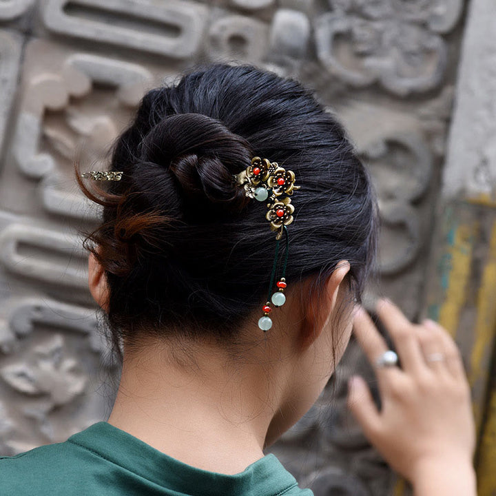 Buddha Stones Green Aventurine Red Agate Alloy Flowers Soothing Hairpin - image 4