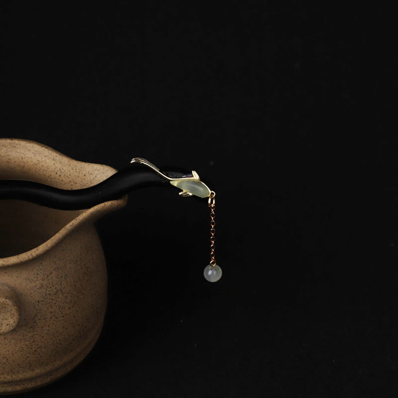Buddha Stones Ebony Hetian Jade Fish Blessing Hairpin - image 1