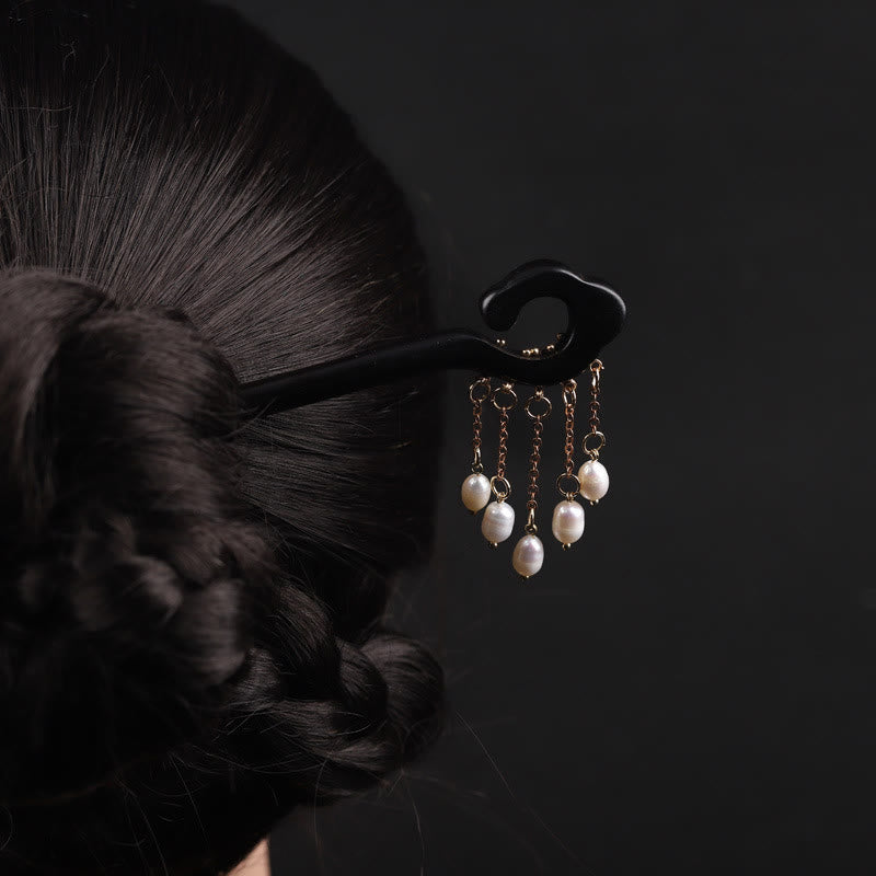 Buddha Stones Ebony Auspicious Cloud Pearl Tassel Protection Hairpin - Ebony Hairpin - image 0