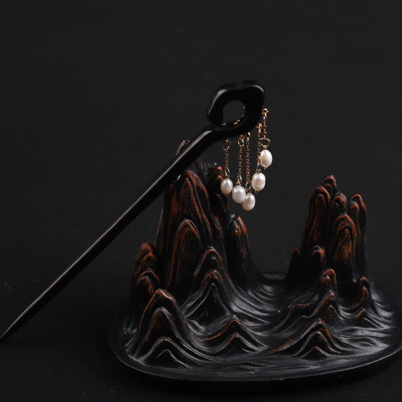 Buddha Stones Ebony Auspicious Cloud Pearl Tassel Protection Hairpin - image 8