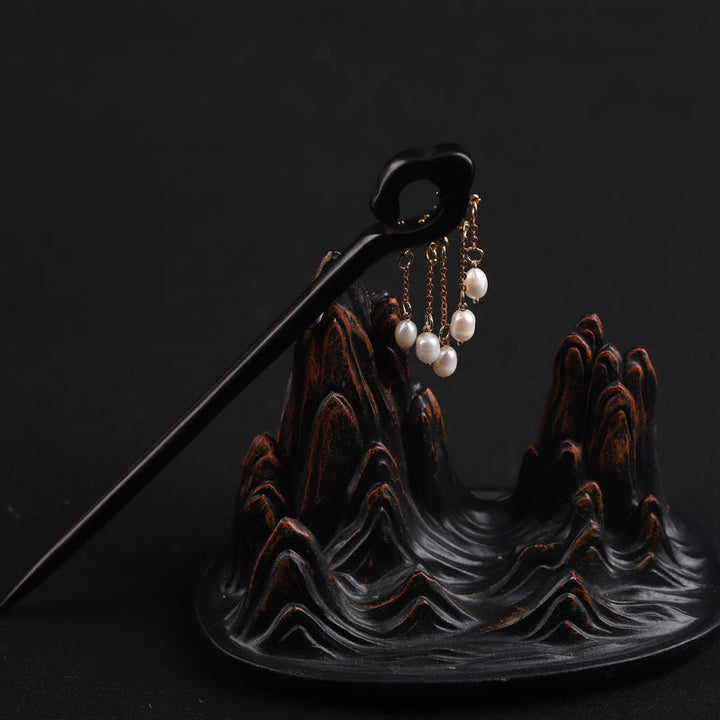 Buddha Stones Ebony Auspicious Cloud Pearl Tassel Protection Hairpin - image 8