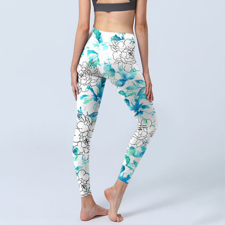 Buddha Stones Blue Watercolor Peony Flowers Lines Pattern Print Gym Leggings Women's Yoga Pants - image 4