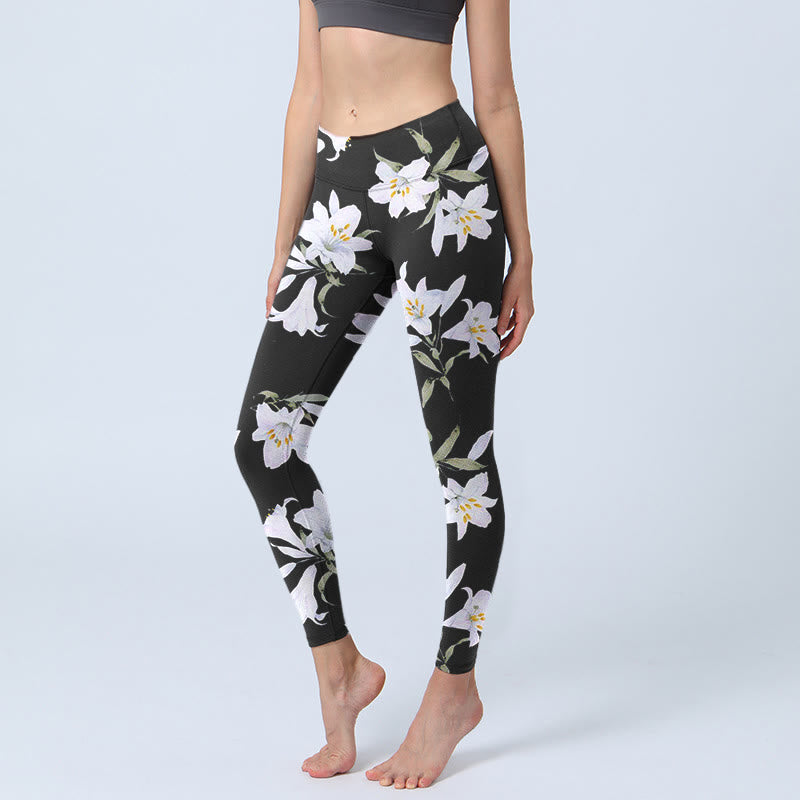 Buddha Stones Black Lily Flower Leaf Pattern Print Gym Leggings Women's Yoga Pants - Black - US18，UK/AU22，EU50 (4XL) - image 0