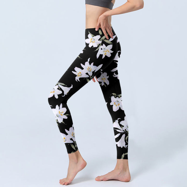 Buddha Stones Black Lily Flower Leaf Pattern Print Gym Leggings Women's Yoga Pants - image 2