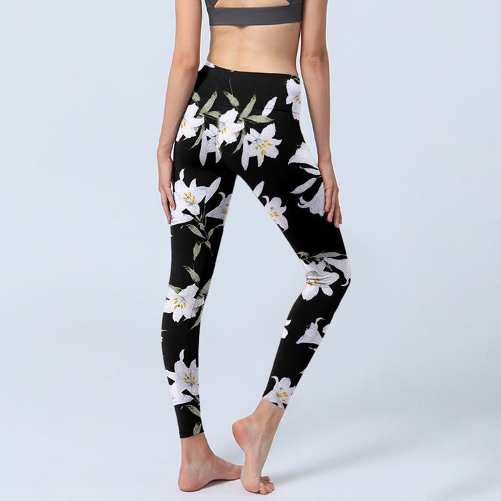 Buddha Stones Black Lily Flower Leaf Pattern Print Gym Leggings Women's Yoga Pants - image 4