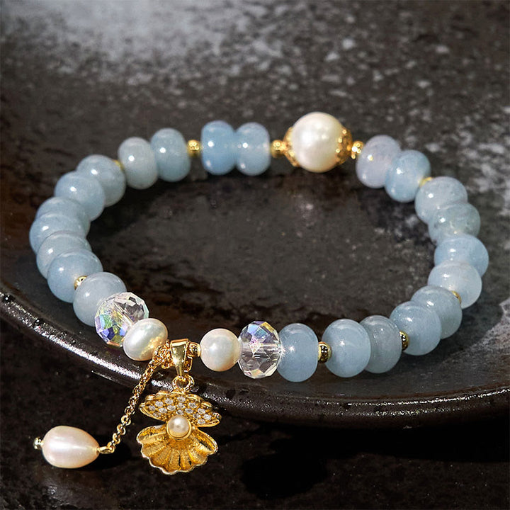 Buddha Stones Natural Aquamarine Pearl Shell Healing Bead Bracelet - image 3