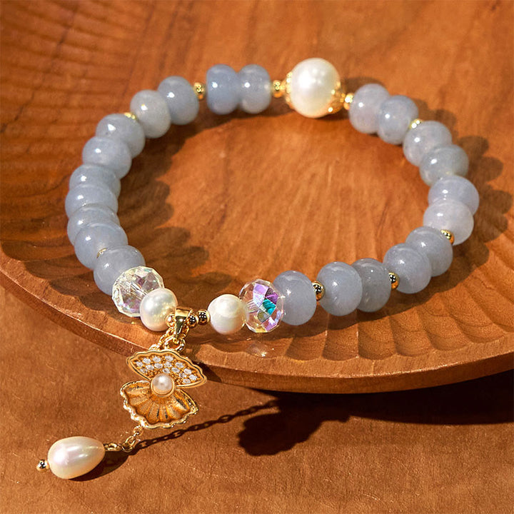 Buddha Stones Natural Aquamarine Pearl Shell Healing Bead Bracelet - image 5