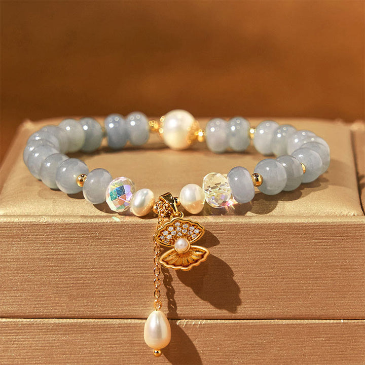 Buddha Stones Natural Aquamarine Pearl Shell Healing Bead Bracelet - image 7