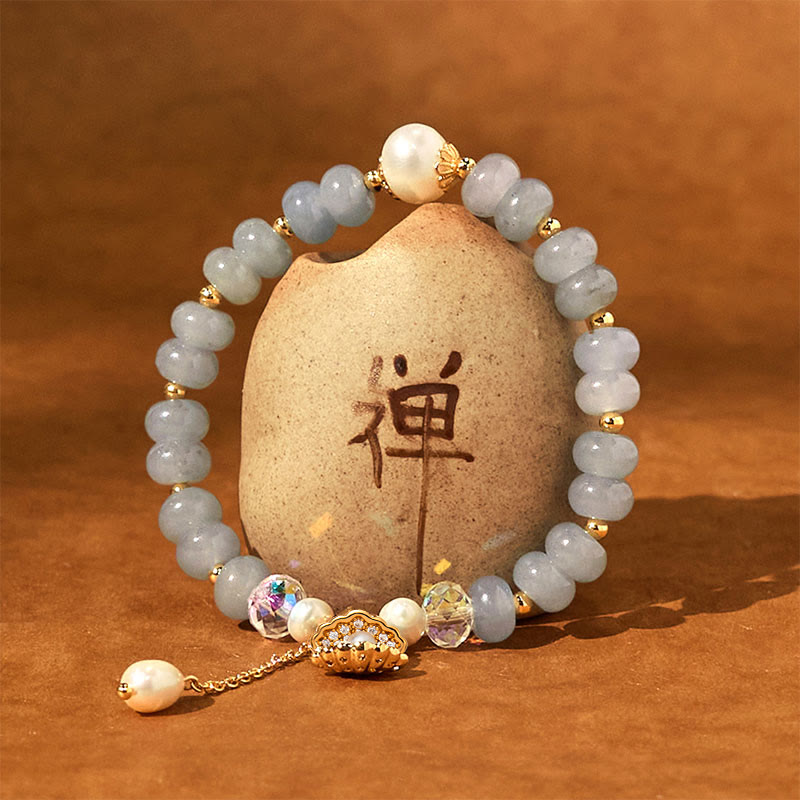 Buddha Stones Natural Aquamarine Pearl Shell Healing Bead Bracelet - image 6