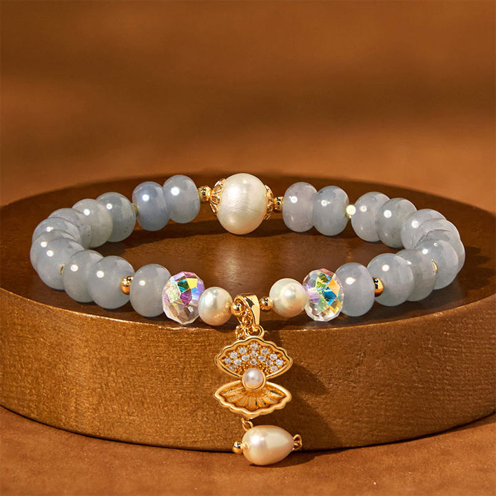 Buddha Stones Natural Aquamarine Pearl Shell Healing Bead Bracelet - image 4