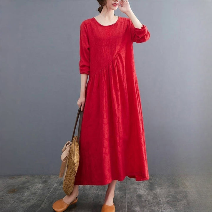 Buddha Stones Smiple Jacquard Pattern Long Sleeve Cotton Linen Women's Midi Dress With Pockets - image 13