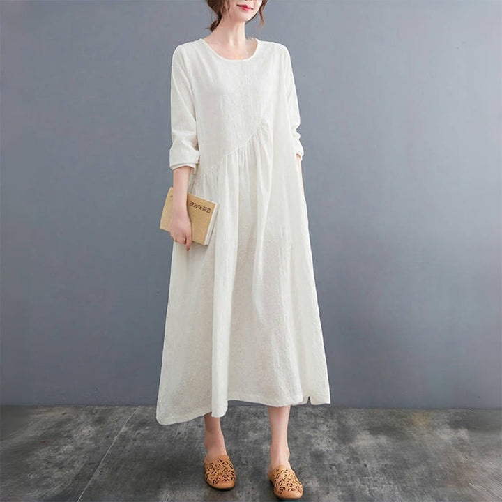 Buddha Stones Smiple Jacquard Pattern Long Sleeve Cotton Linen Women's Midi Dress With Pockets - image 3