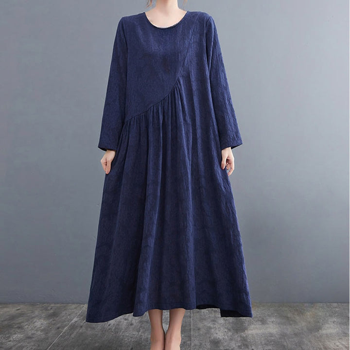Buddha Stones Smiple Jacquard Pattern Long Sleeve Cotton Linen Women's Midi Dress With Pockets - image 25
