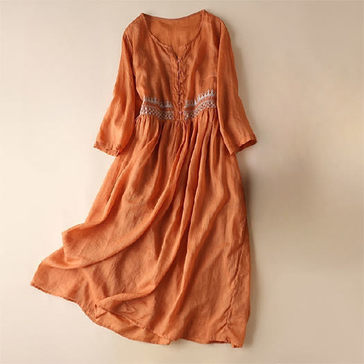 Buddha Stones Embroidery Geometry Nine-Quarter Sleeve Women's Midi Dress With Pockets - Orange - US14，UK/AU18，EU46 (4XL) - image 8