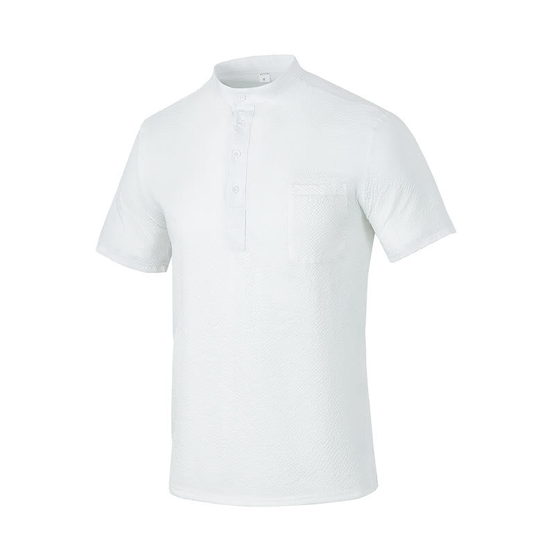 Buddha Stones Solid Color Polo Plaid Half Buttons Men's Short Sleeve Shirt - White - US/UK/AU46，EU56 (3XL) - image 27