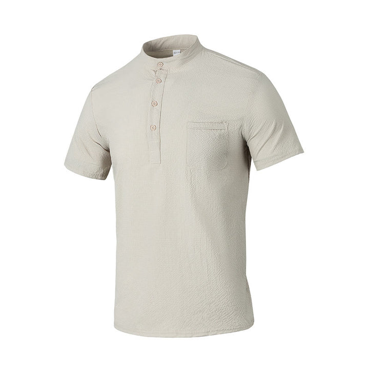 Buddha Stones Solid Color Polo Plaid Half Buttons Men's Short Sleeve Shirt - Beige - US/UK/AU46，EU56 (3XL) - image 26