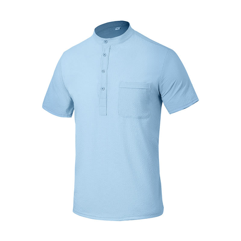 Buddha Stones Solid Color Polo Plaid Half Buttons Men's Short Sleeve Shirt - image 1