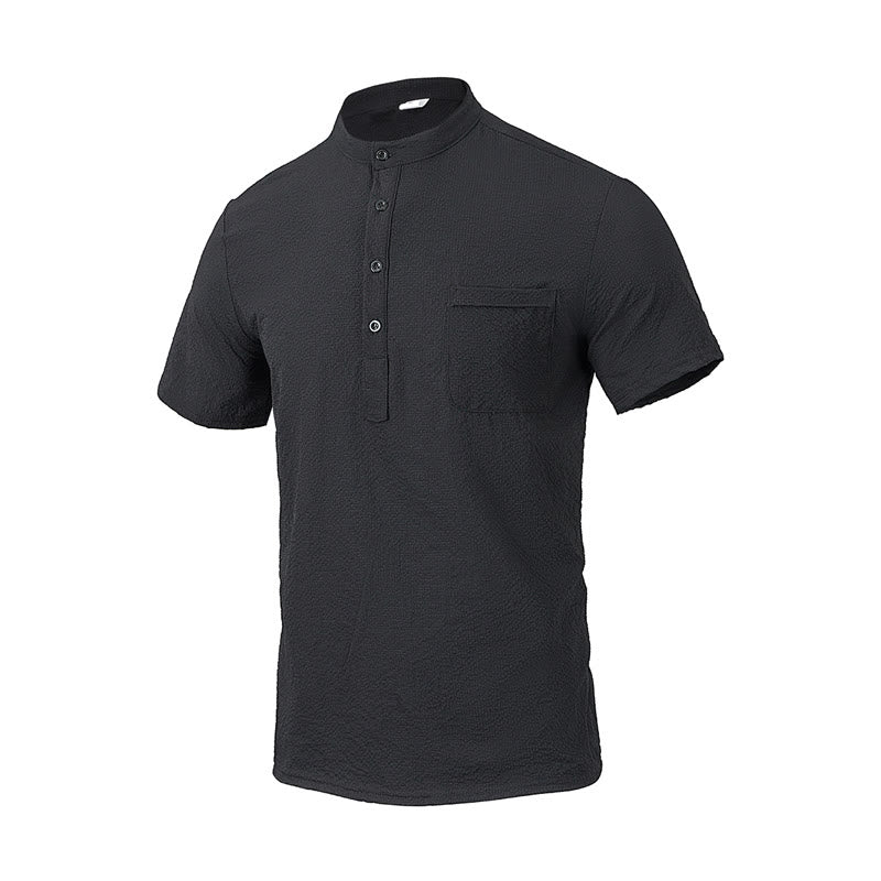 Buddha Stones Solid Color Polo Plaid Half Buttons Men's Short Sleeve Shirt - Black - US/UK/AU46，EU56 (3XL) - image 9