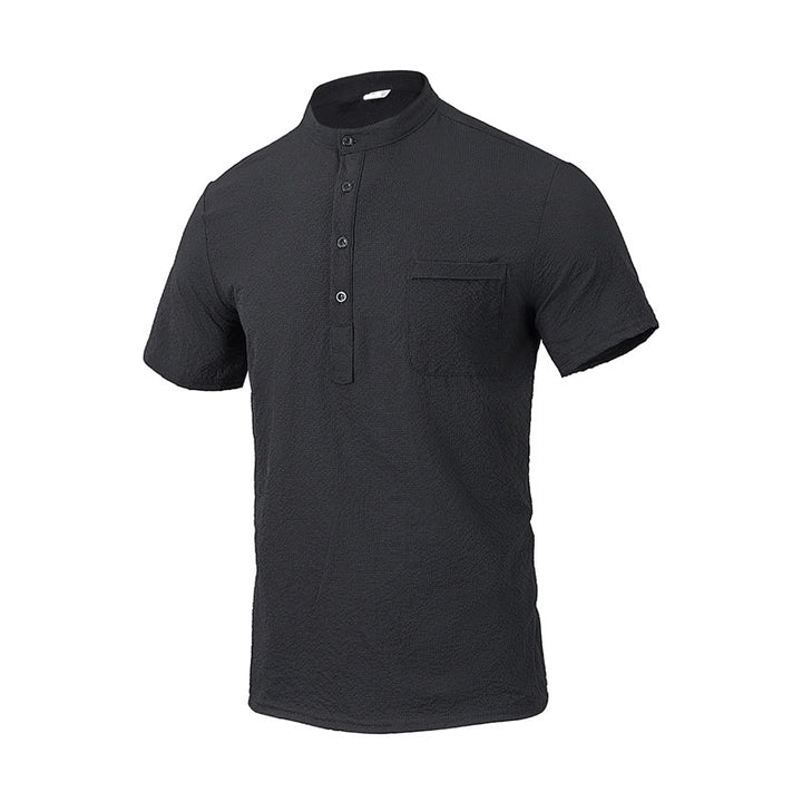 Buddha Stones Solid Color Polo Plaid Half Buttons Men's Short Sleeve Shirt - Black - US/UK/AU46，EU56 (3XL) - image 9