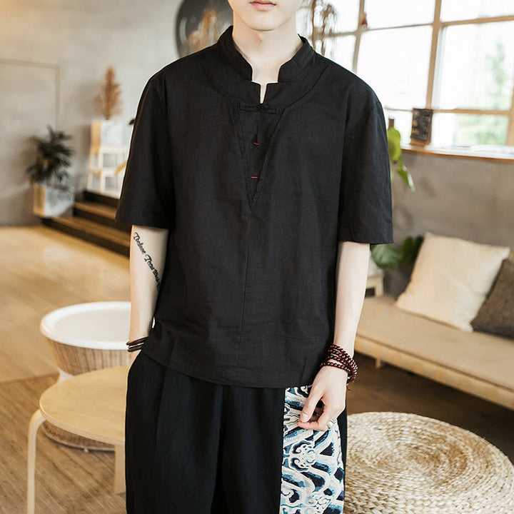 Buddha Stones Summer Plain Color Frog-Button Notched Neck Men's Half Sleeve Cotton Shirt - Black - US/UK/AU46，EU56 (5XL) - image 3