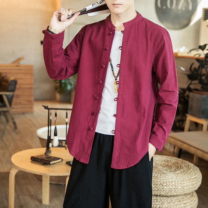 Buddha Stones Casual Stand Collar Frog-Button Long Sleeve Tang Suit Linen Men's Shirt - Crimson - US/UK/AU46，EU56 (5XL) - image 15