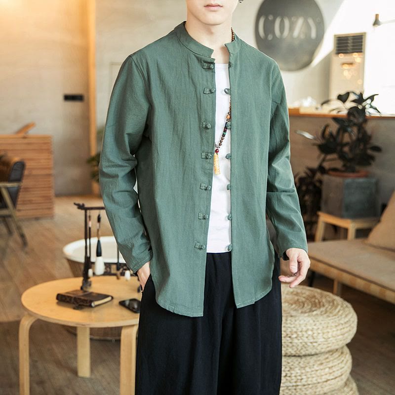 Buddha Stones Casual Stand Collar Frog-Button Long Sleeve Tang Suit Linen Men's Shirt - DarkSeaGreen - US/UK/AU46，EU56 (5XL) - image 16