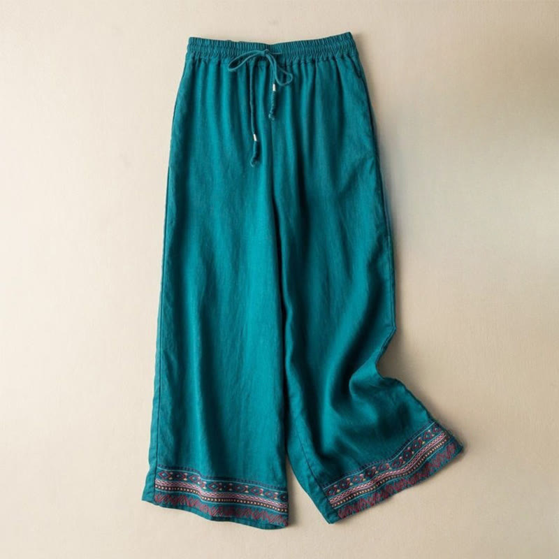 Buddha Stones Casual Embroidery Bohemian Pattern Drawstring Cotton Linen Women's Wide Leg Pants With Pockets - LightSeaGreen - US8-10，UK/AU12-14，EU40-42 (XL) - image 5