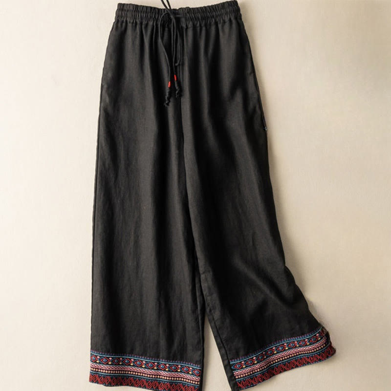 Buddha Stones Casual Embroidery Bohemian Pattern Drawstring Cotton Linen Women's Wide Leg Pants With Pockets - Black - US12，UK/AU16，EU44 (XL) - image 8