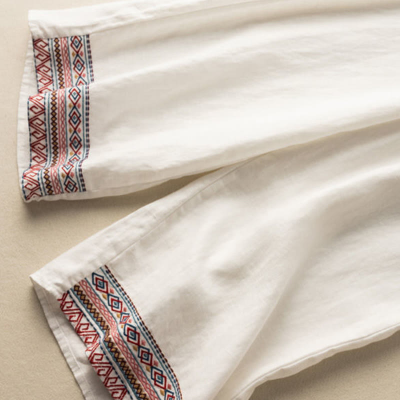 Buddha Stones Casual Embroidery Bohemian Pattern Drawstring Cotton Linen Women's Wide Leg Pants With Pockets - image 14