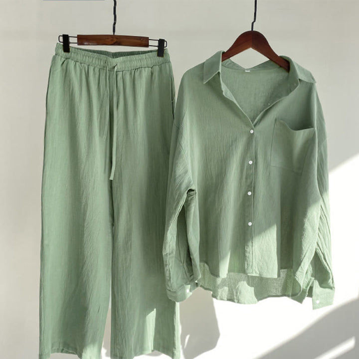 Buddha Stones 2Pcs Long Sleeve Shirt Top With Pockets Drawstring Pants Meditation Cotton Clothing Women's Set - LightGreen - US20，UK/AU24，EU52 (5XL) - image 42