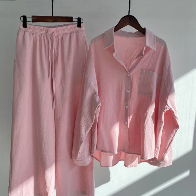 Buddha Stones 2Pcs Long Sleeve Shirt Top With Pockets Drawstring Pants Meditation Cotton Clothing Women's Set - LightPink - US18，UK/AU22，EU50 (5XL) - image 6
