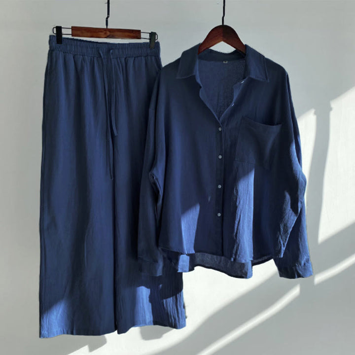 Buddha Stones 2Pcs Long Sleeve Shirt Top With Pockets Drawstring Pants Meditation Cotton Clothing Women's Set - DarkBlue - US18，UK/AU22，EU50 (5XL) - image 30
