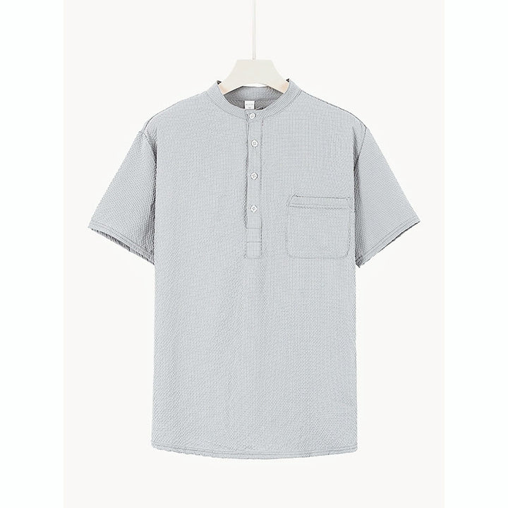 Buddha Stones Solid Color Polo Plaid Half Buttons Men's Short Sleeve Shirt - image 24