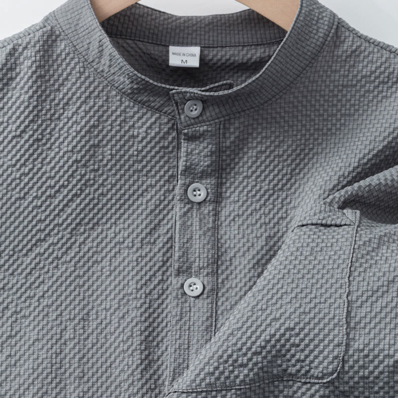 Buddha Stones Solid Color Polo Plaid Half Buttons Men's Short Sleeve Shirt - image 18