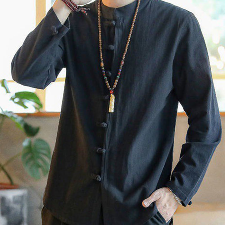 Buddha Stones Casual Stand Collar Frog-Button Long Sleeve Tang Suit Linen Men's Shirt - image 7