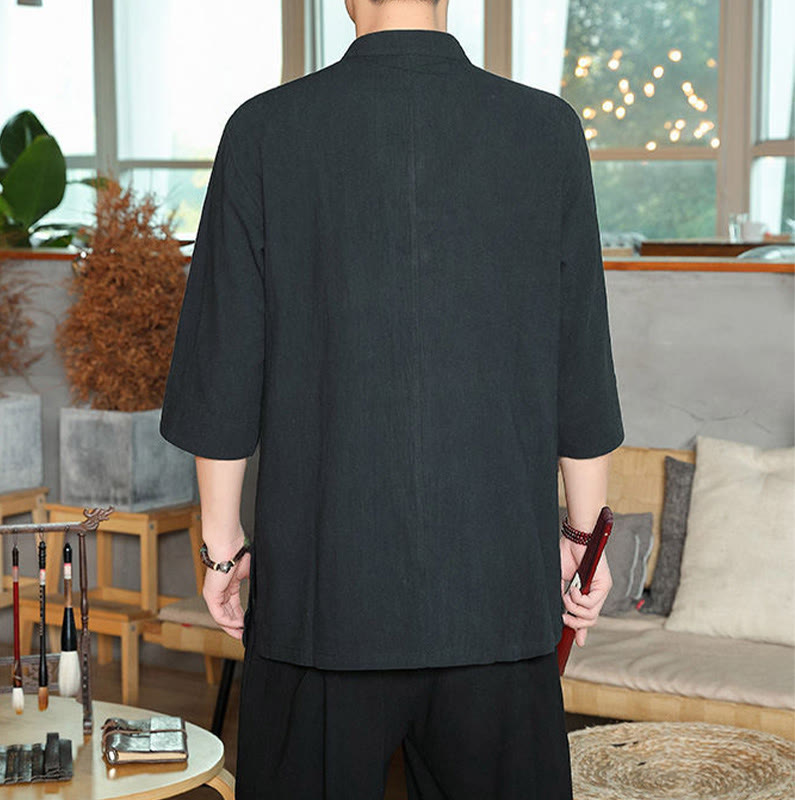 Buddha Stones Frog-Button Chinese Tang Suit Three Quarter Sleeve Cotton Linen Men's Shirt - image 12