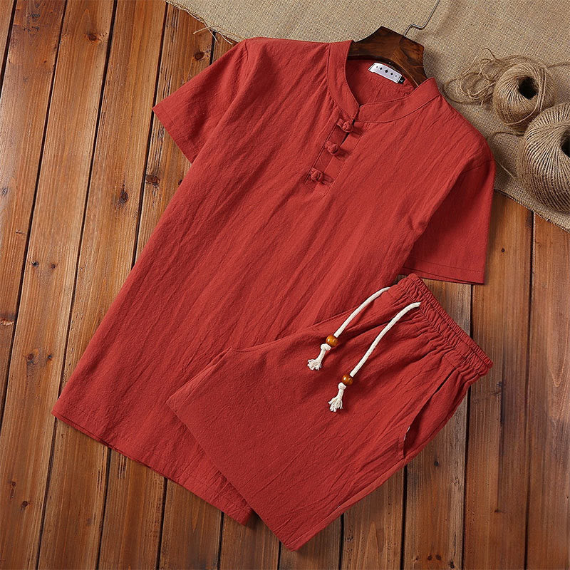 Buddha Stones 2Pcs Solid Color Frog-Button Tang Suit Cotton Linen Short Sleeve Pants Clothing Men's Set - Red - US/UK/AU46，EU56 (5XL) - image 13