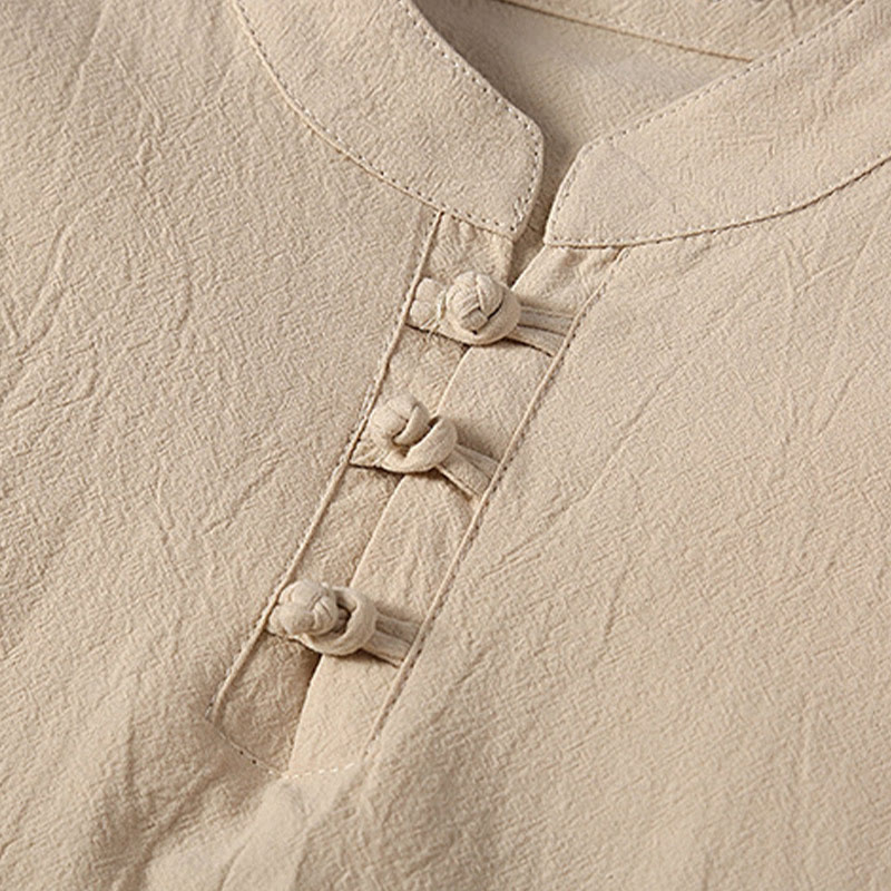 Buddha Stones 2Pcs Solid Color Frog-Button Tang Suit Cotton Linen Short Sleeve Pants Clothing Men's Set - image 5