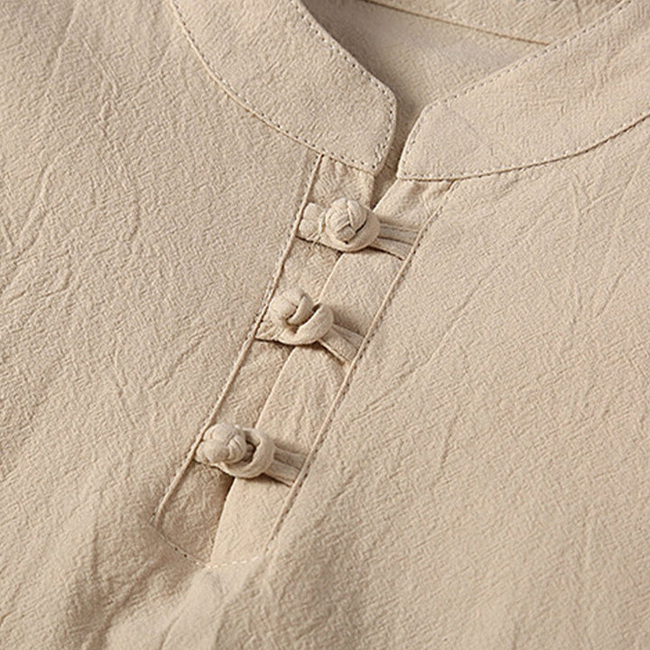 Buddha Stones 2Pcs Solid Color Frog-Button Tang Suit Cotton Linen Short Sleeve Pants Clothing Men's Set - image 5